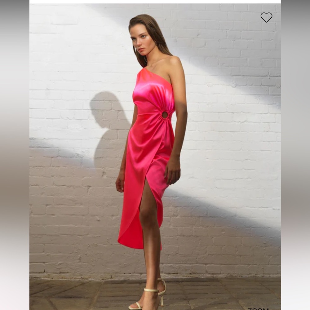 NWT FRENCH CONNECTION Adaline Satin Neon Pink One Shoulder Midi Dress
